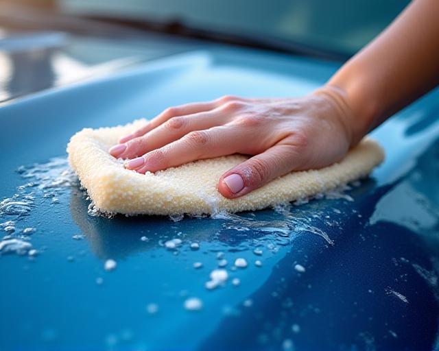 Dettaglio guanto in microfibra su vernice blu