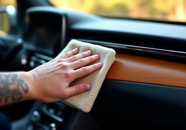 Operatore che applica protettivo su elegante cruscotto in pelle